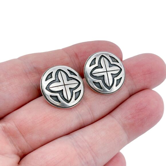Cross Pattern Button Clip On Earrings | Vintage Sterling Silver 925 - Picture 1 of 5